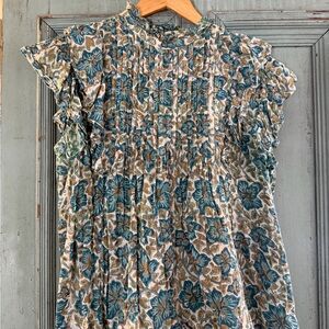 Oliphant Floral Pleated Blouse - Blue and Brown